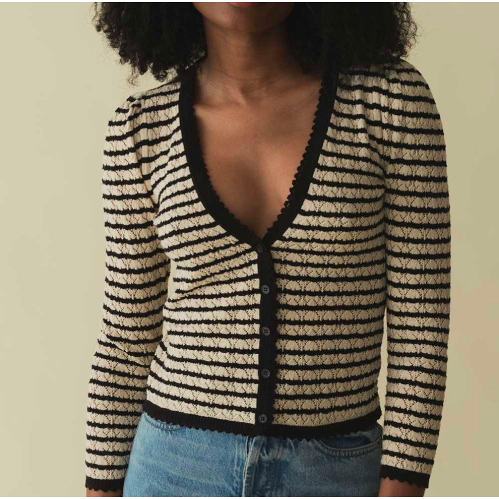 Doen Black and Cream Striped V-Neck Button Cardigan